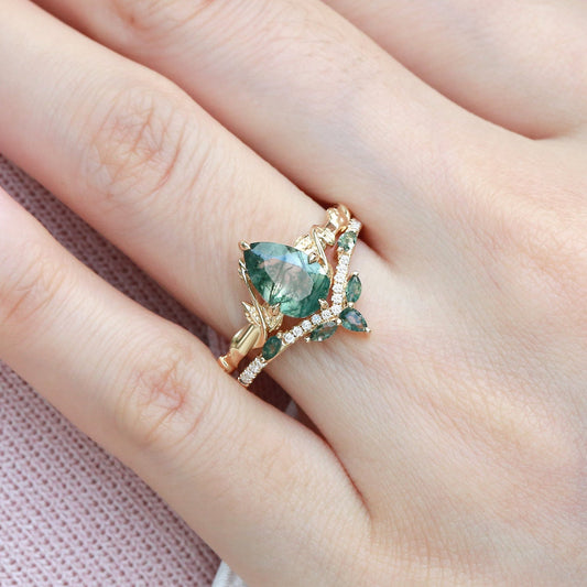 Lark Nature Inspired Pear Cut Moss Agate Leafy Ring Set 2pcs