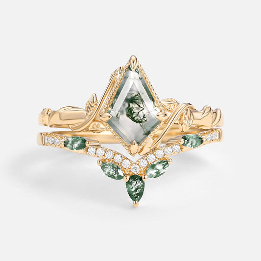 Lark Kite Cut Moss Agate Leafy Engagement Ring Sets 2pcs