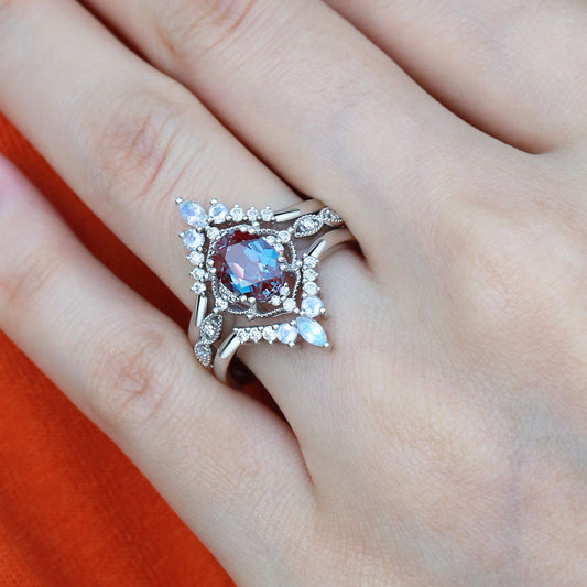 1.5CT Alexandrite Signature Vintage Luna Ring Set 3pcs