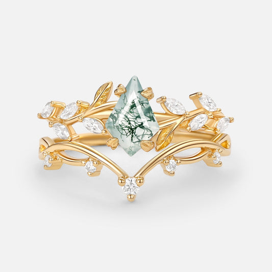 Nature Kite Cut Moss Agate Leafy Cluster Engagement Ring Sets 2pcs