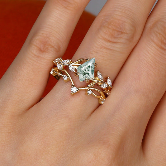 Nature Kite Cut Moss Agate Leafy Cluster Engagement Ring Sets 2pcs