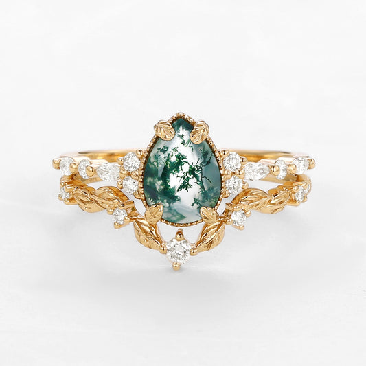 Bryony Vintage Pear Shaped Moss Agate Leafy Ring Set 2pcs