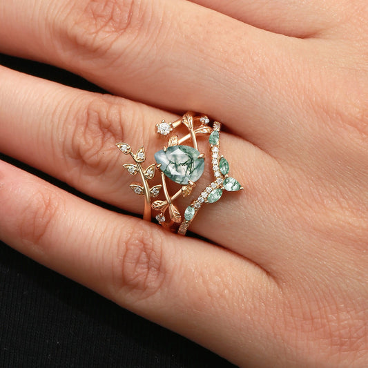 Liliana Pear Cut Moss Agate Leafy Ring Set 3pcs