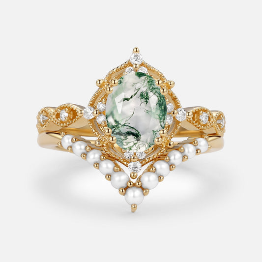 Slate Oval Cut Moss Agate & Pearl Vintage Gold Ring Set 2pcs