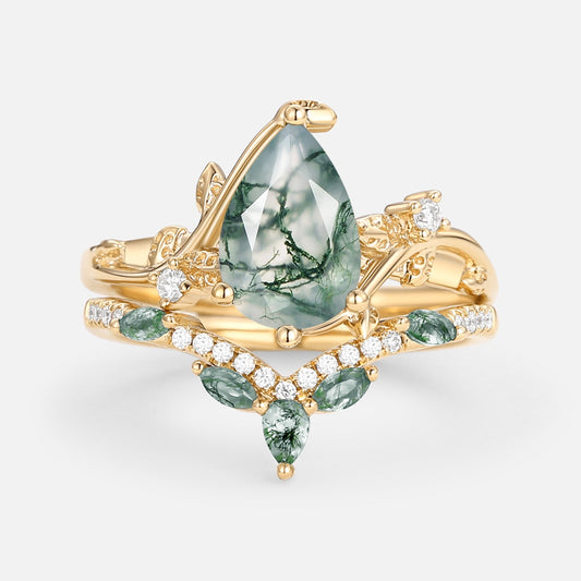 Twigs Pear Cut Moss Agate Vine Engagement Ring Set 2pcs