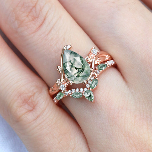 Twigs Pear Cut Moss Agate Vine Engagement Ring Set 2pcs