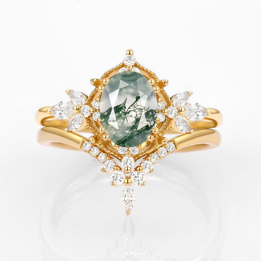 Vintage Signature Moss Agate Fairy Inspired Ring Set 2pcs