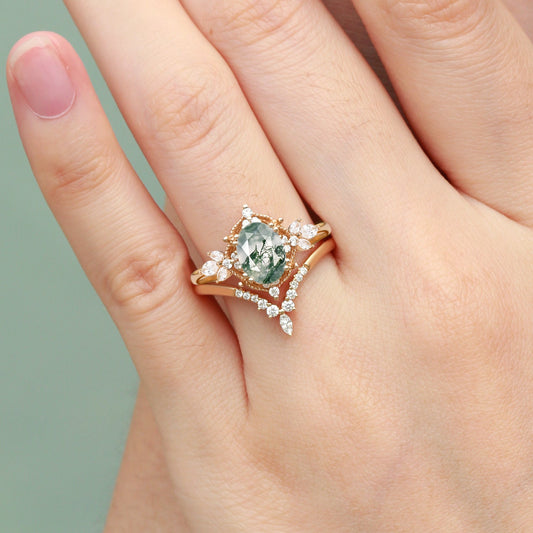 Vintage Signature Moss Agate Fairy Inspired Ring Set 2pcs