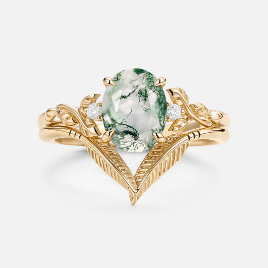 Juniper Oval Cut Moss Agate Leafy Gold Ring Set 2pcs