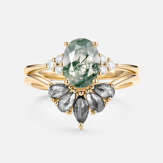 Terra Oval Cut Moss Agate & Salt and Pepper Diamond Ring Set 2pcs