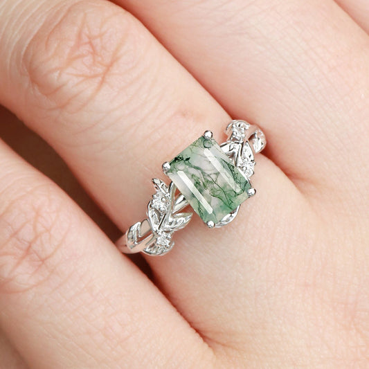 Sheryl Emerald Cut Moss Agate Leafy Engagement Ring