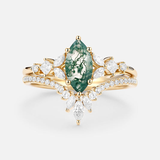 Lumenis Marquise Cut Moss Agate Cluster Engagement Ring Set 2pcs