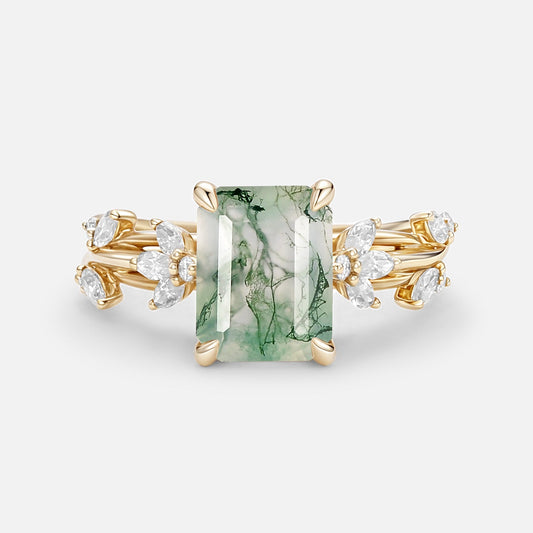 Nature Inspired Emerald Cut Moss Agate Engagement Ring