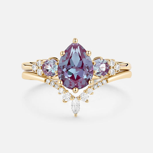 Fern Pear Shaped Alexandrite Cluster Gold Ring Set 2pcs
