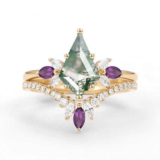Butterfly Fairy - Unique Kite Cut Moss Agate & Amethyst Engagement Ring Set 2pcs