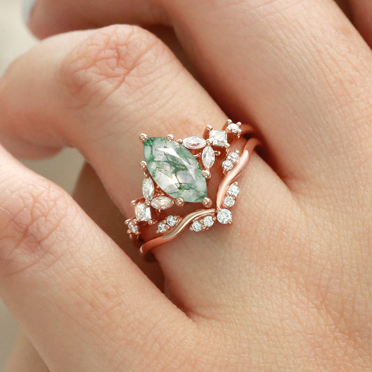 Nature Inspired Marquise Cut Moss Agate Leafy Engagement Ring Sets 2pcs