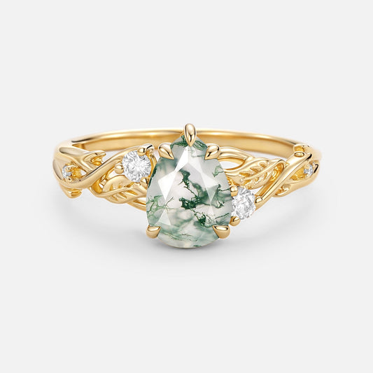 Pear Cut Moss Agate Nature Inspired Engagement Ring