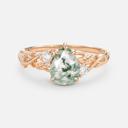 Pear Cut Moss Agate Nature Inspired Engagement Ring