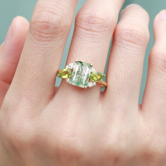 Nature Inspired Emerald Cut Moss Agate Double Pear Peridot Engagement Ring