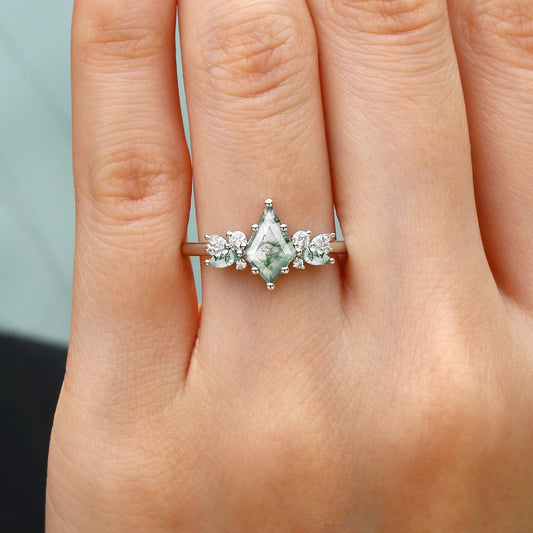 Nature Inspired Kite Cut Moss Agate Engagement Ring