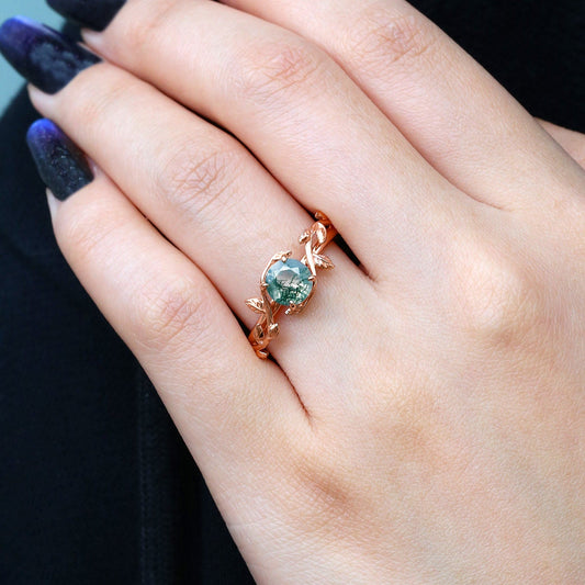 Moss Agate Round Shaped Leaf Vine Engagement Ring