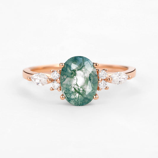 Oval Moss Agate Classic Engagement Ring