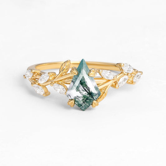 Dart Kite Cut Clear Moss Agate Leafy Gold Engagement Ring