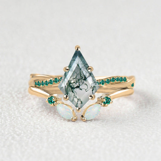 Kite Cut Moss Agate & Emerald & Opal Engagement Ring Set 2pcs