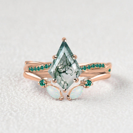 Kite Cut Moss Agate & Emerald & Opal Engagement Ring Set 2pcs