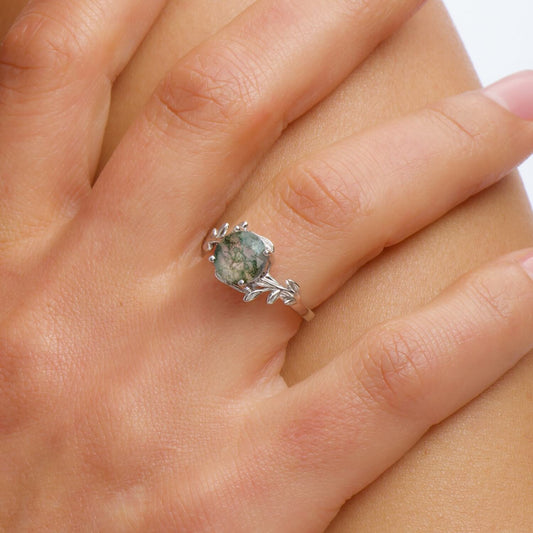 Olive Branch Natural Moss Agate Green Gemstone Adjustable Open Ring