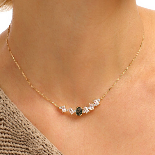 Gold Natural Moss Agate Curve Pendant Necklace