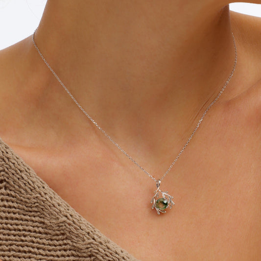 Round Natural Moss Agate Olive Branch Silver Charm Necklace