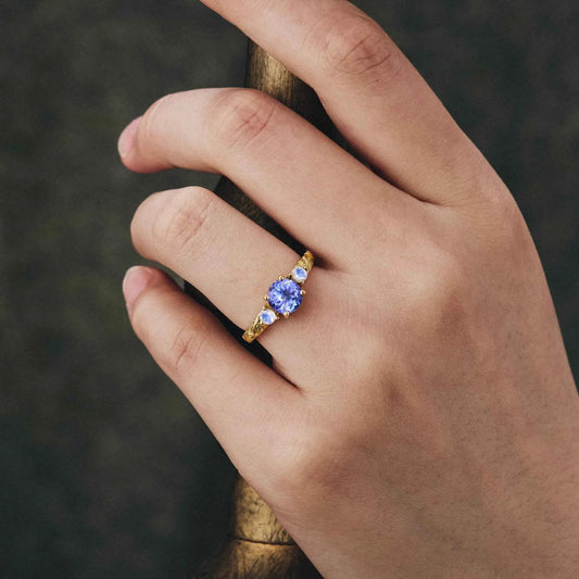 Selene’s Deep | Round Tanzanite & Moonstone Cluster Ring