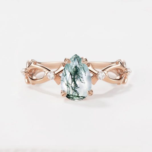 Unique Pear Moss Agate Infinity Leaf Engagement Ring