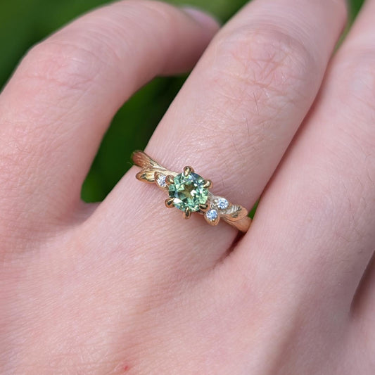 Rare Teal Sapphire Engagement Ring with a Delicate Fairy Leaf Band
