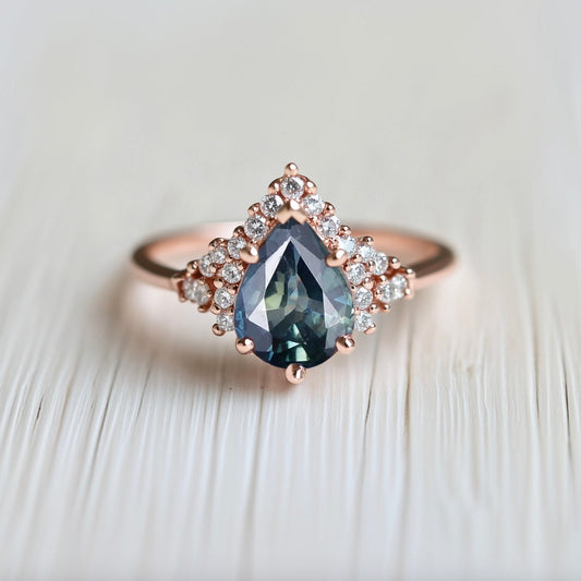 Love Parade Pear-Shaped Sapphire & Partial Diamond Halo Ring, Blue Sapphire Engagement Ring, Sapphire Wedding Ring