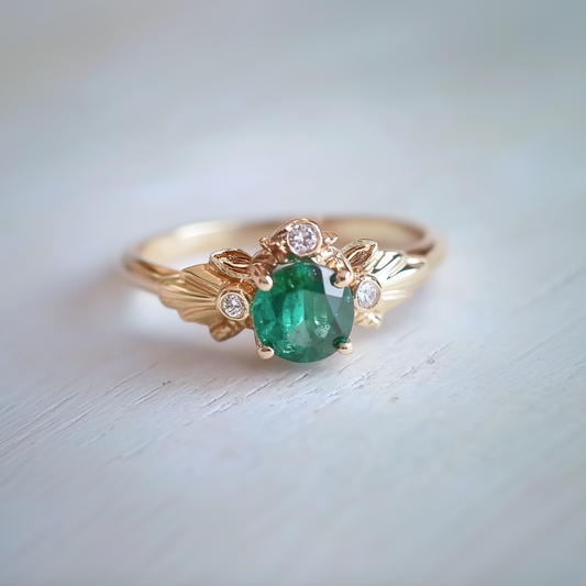 Eve’s Laurel | Emerald Engagement Ring with Diamond Leaf Setting