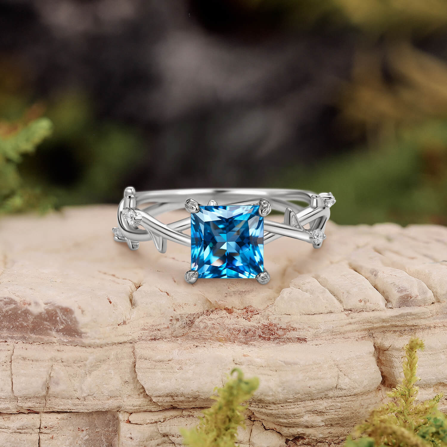 Nature Inspired Princess Cut Moss Agate Leafy Engagement Ring