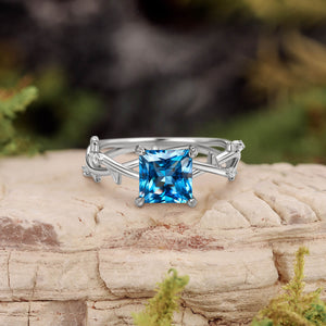 Nature Inspired Princess Cut Moss Agate Leafy Engagement Ring