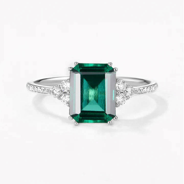 Classic Emerald Cut Moss Agate & Moissanite Cluster Engagement Ring