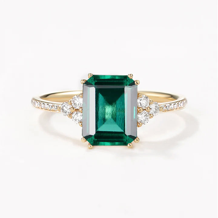 Classic Emerald Cut Moss Agate & Moissanite Cluster Engagement Ring