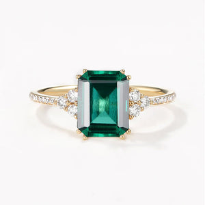 Classic Emerald Cut Moss Agate & Moissanite Cluster Engagement Ring