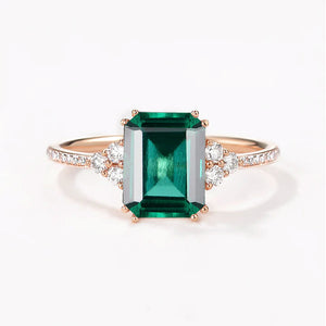 Classic Emerald Cut Moss Agate & Moissanite Cluster Engagement Ring