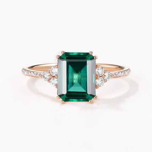 Classic Emerald Cut Moss Agate & Moissanite Cluster Engagement Ring
