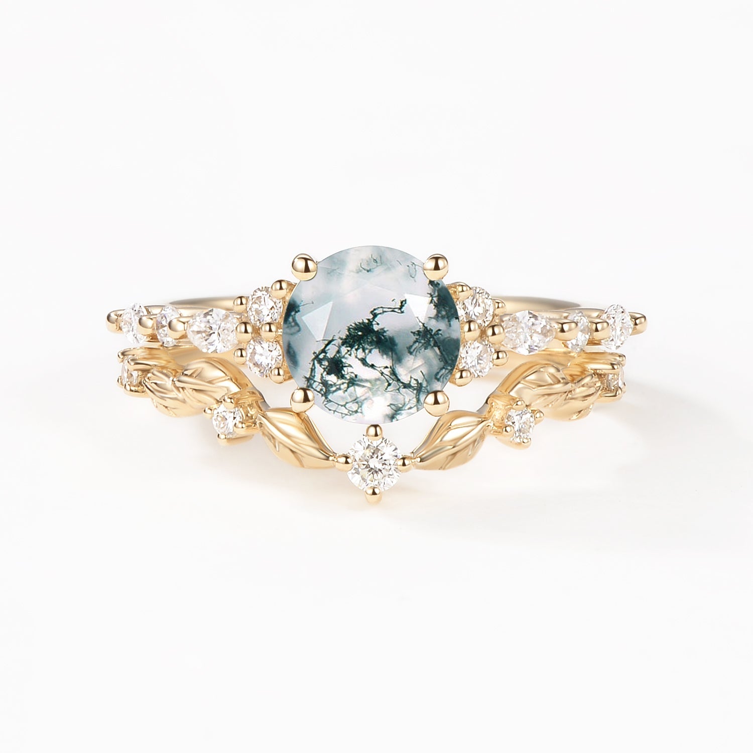 Round Shaped Leafy Moss Agate Engagement Ring Sets - Sarah