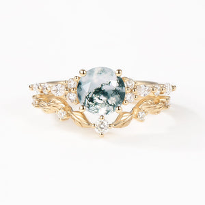 Round Shaped Leafy Moss Agate Engagement Ring Sets - Sarah