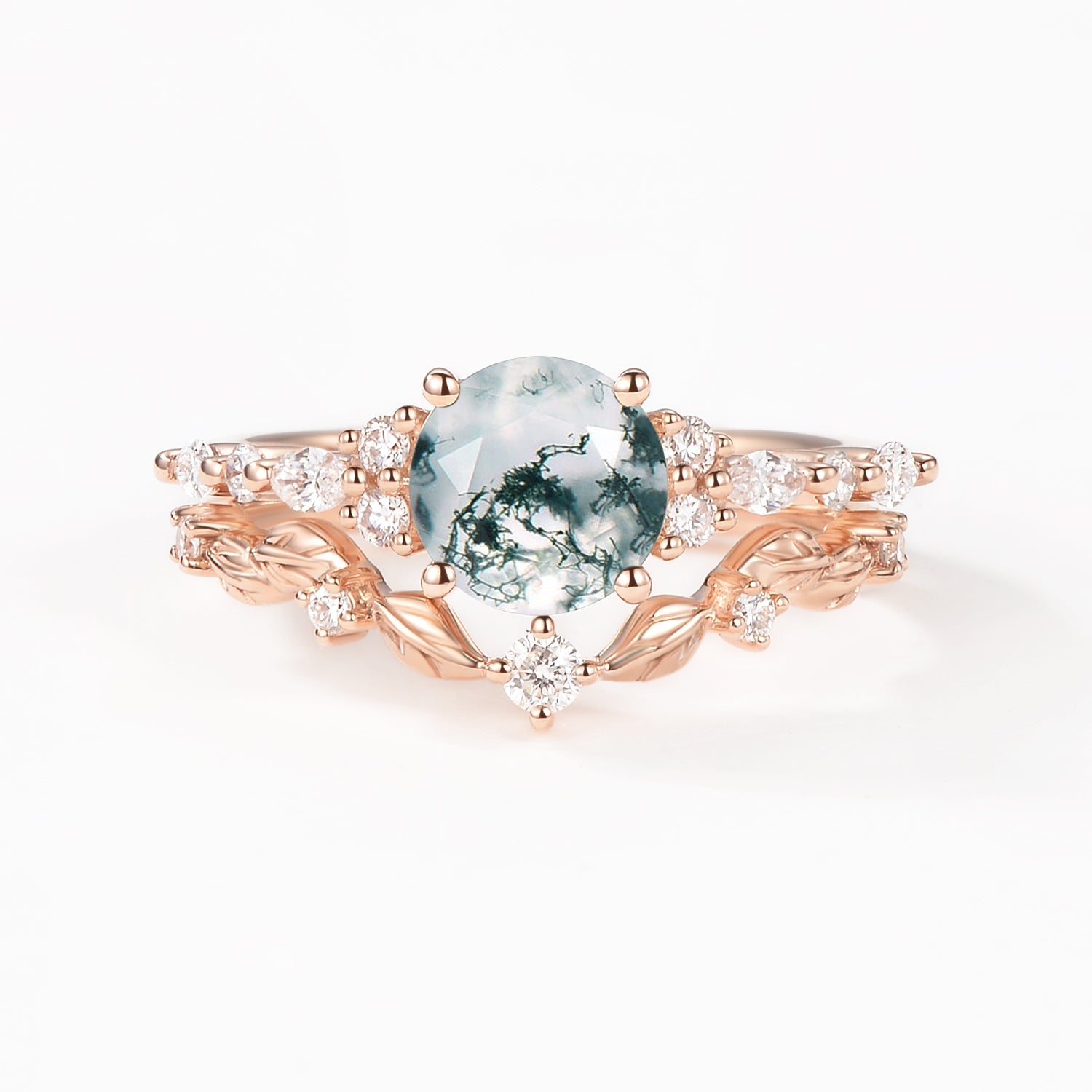 Round Shaped Leafy Moss Agate Engagement Ring Sets - Sarah