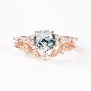 Round Shaped Leafy Moss Agate Engagement Ring Sets - Sarah