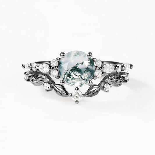 Black Gold Round Shaped Leafy Moss Agate Engagement Ring Sets 2PCS