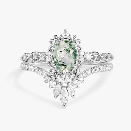 Oval Cut Vintage Moss Agate Engagement Ring Set 2pcs - Linden